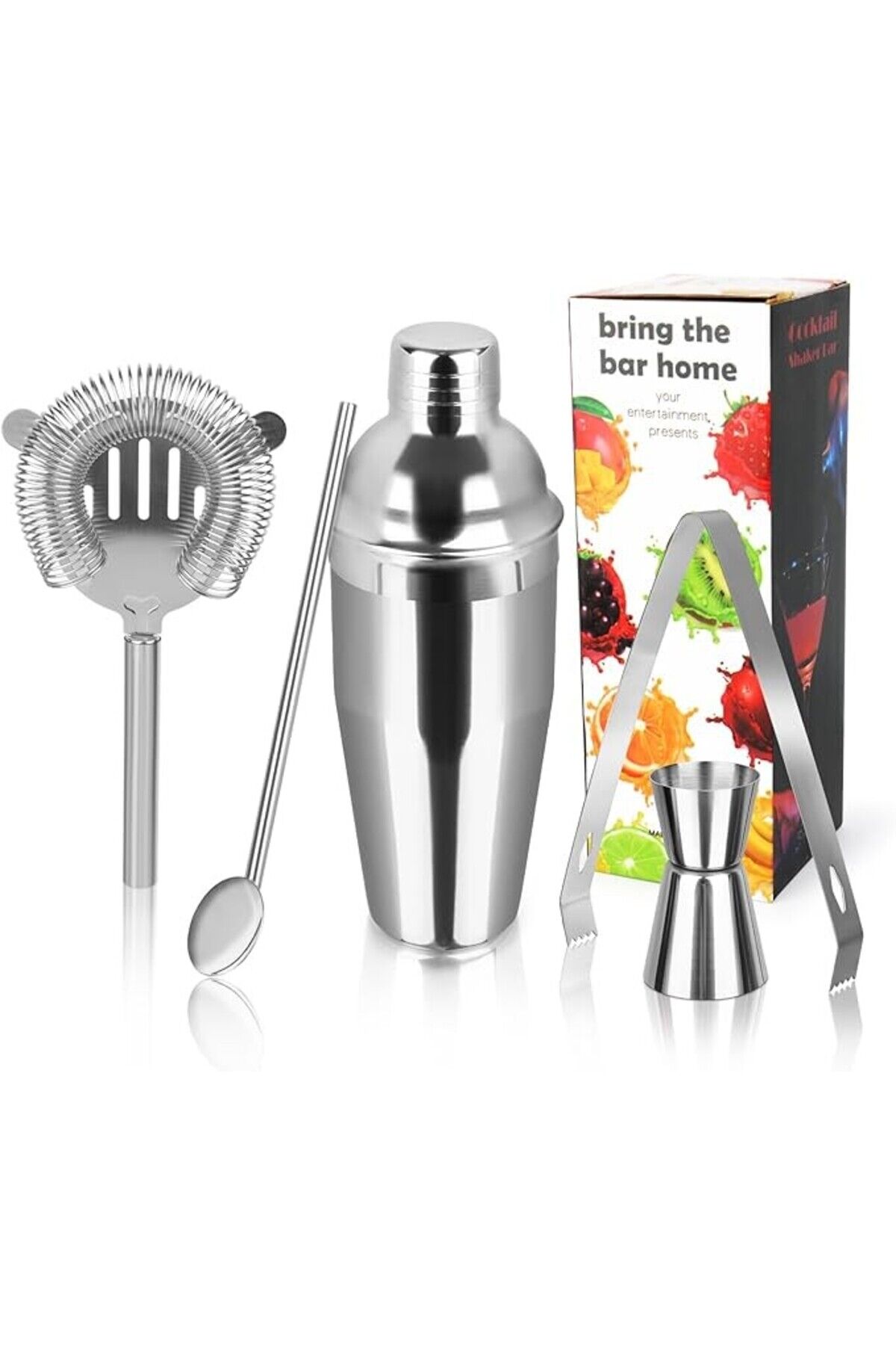 5 Parça Paslanmaz Çelik Kokteyl Shaker Seti – 750 ML Barmen Seti Gri