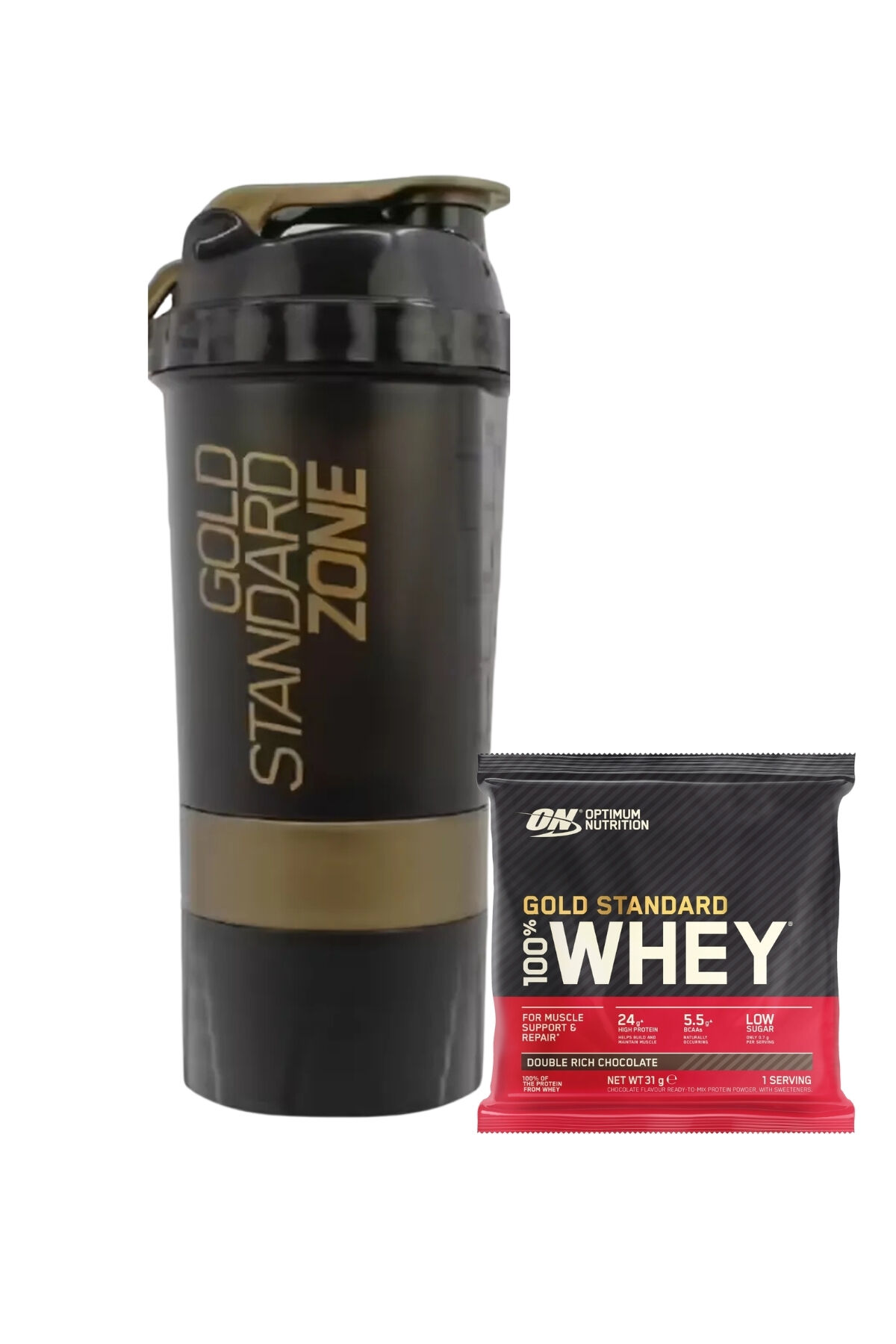 Optimum Gold Shaker 600 ml shaker- 100% Whey Gold Standard Çikolata Aromalı Şase 31g 1 S Siyah