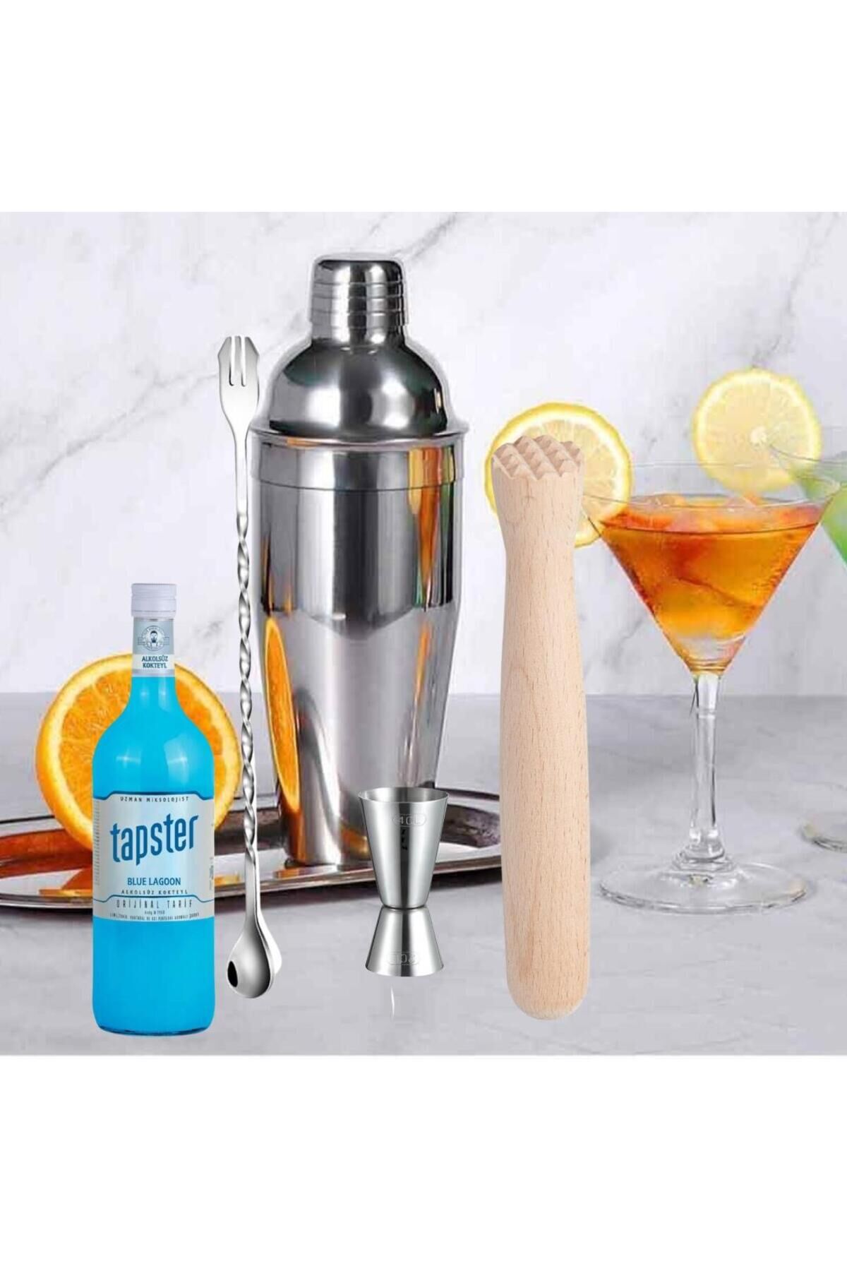 Kokteyl Hazırlama Seti Shaker,Jigger,Tokmak,Bar Kaşığı Blue Lagoon Hazır Kokteyl Kutulu Beyaz
