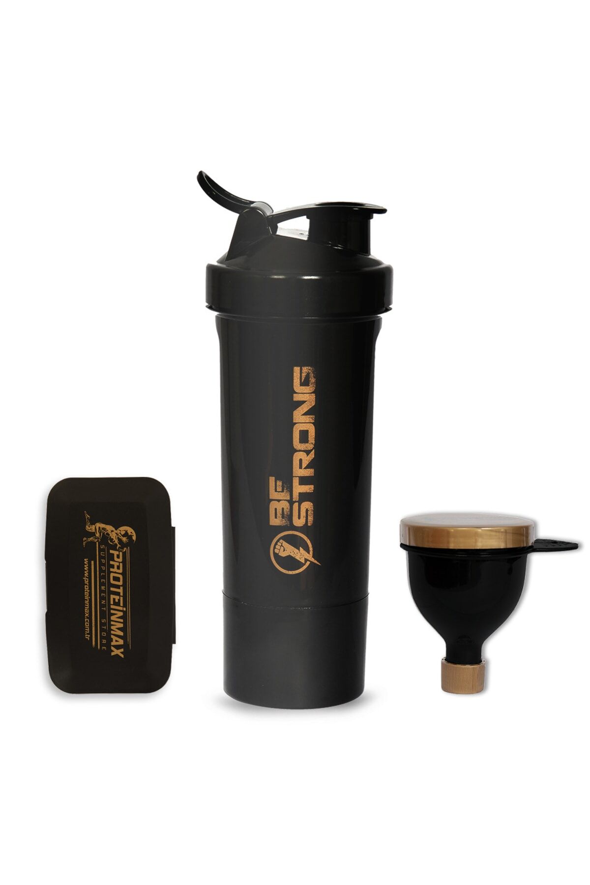 Be Strong 400 Ml. Hazneli Shaker + Pillbox + Huni Siyah&Gold