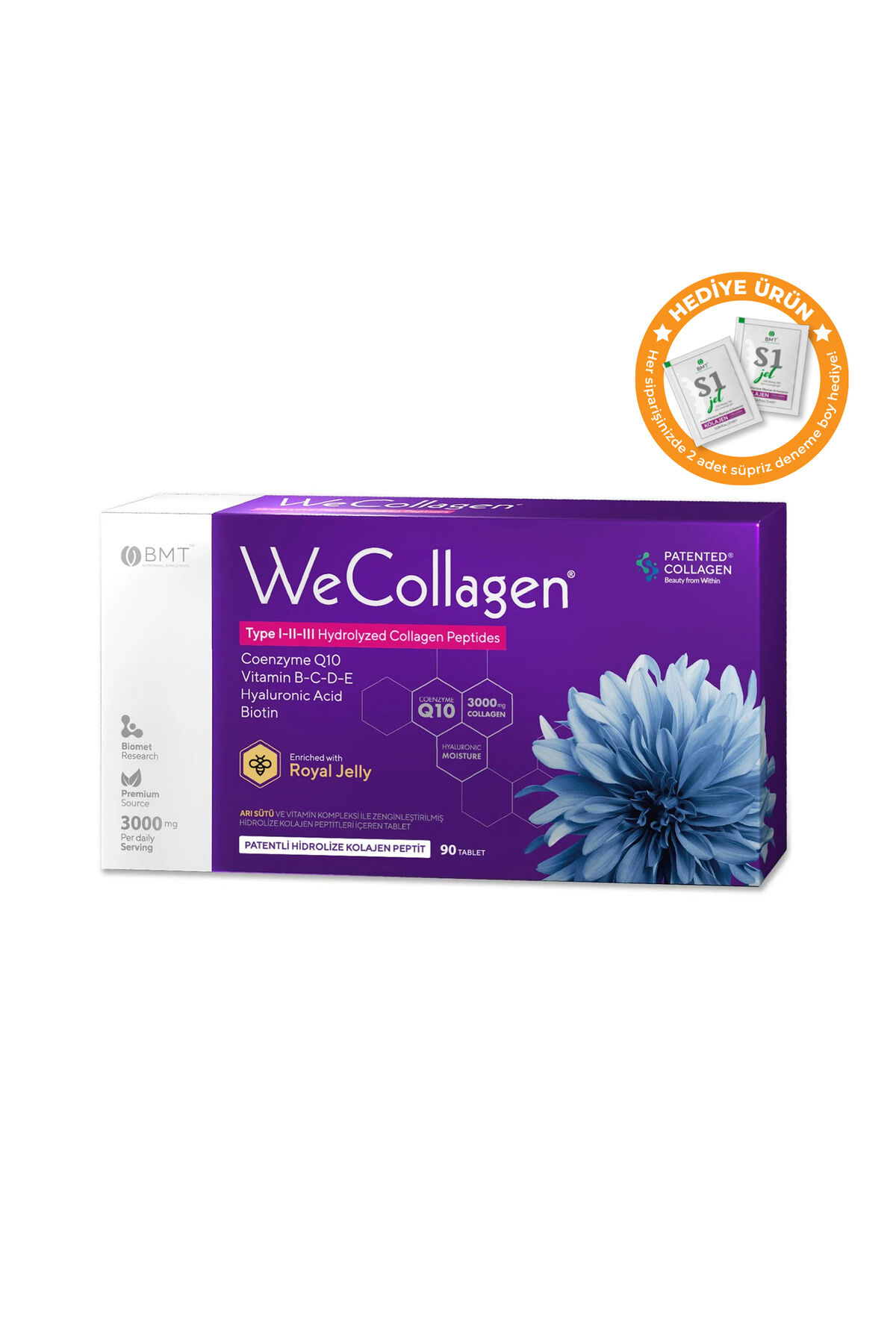 WeCollagen® 90 Tablet - 3000mg Kolajen Tip 1-2-3 Arı Sütü Biotin %100 Saf Ve Doğal Diyet Takviyesi