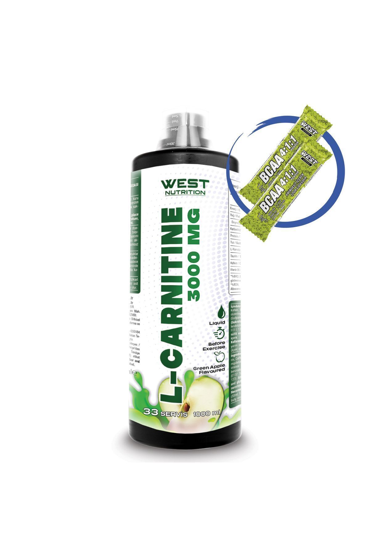 L-karnitin ( L-carnitine ) 3000 mg 1000 ml 33 Servis Yeşil Elma Aromalı