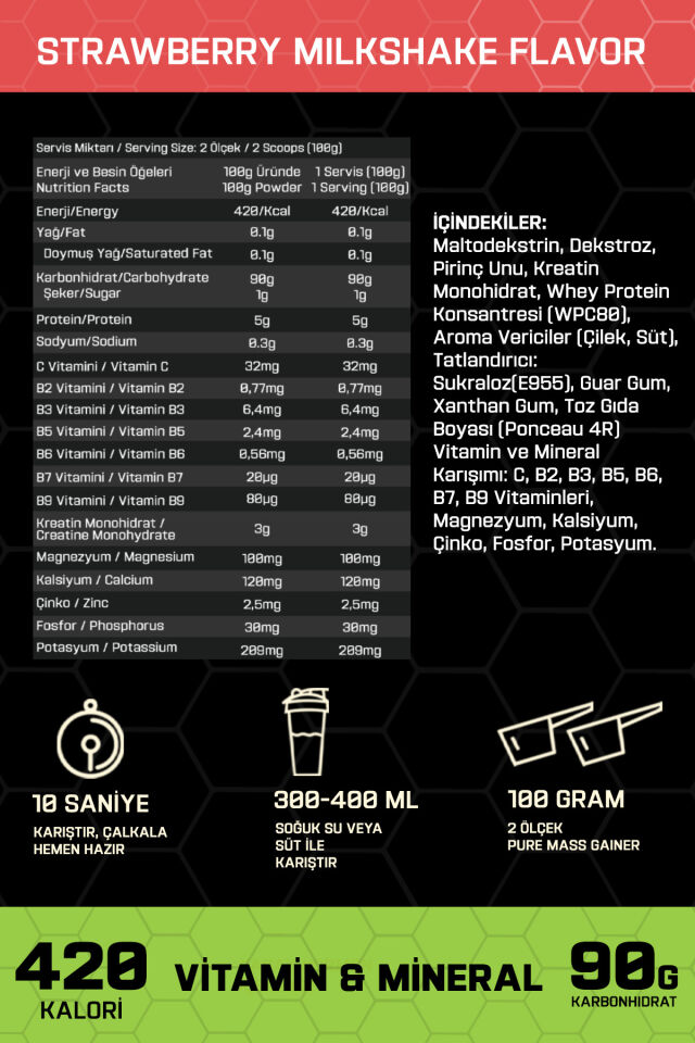 Pure Mass Gainer 1500g 15 Servis Çilek Aromalı
