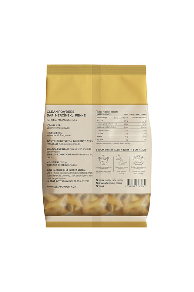 Glutensiz Protein Makarna Sarı Mercimek 240 Gr 2 Adet