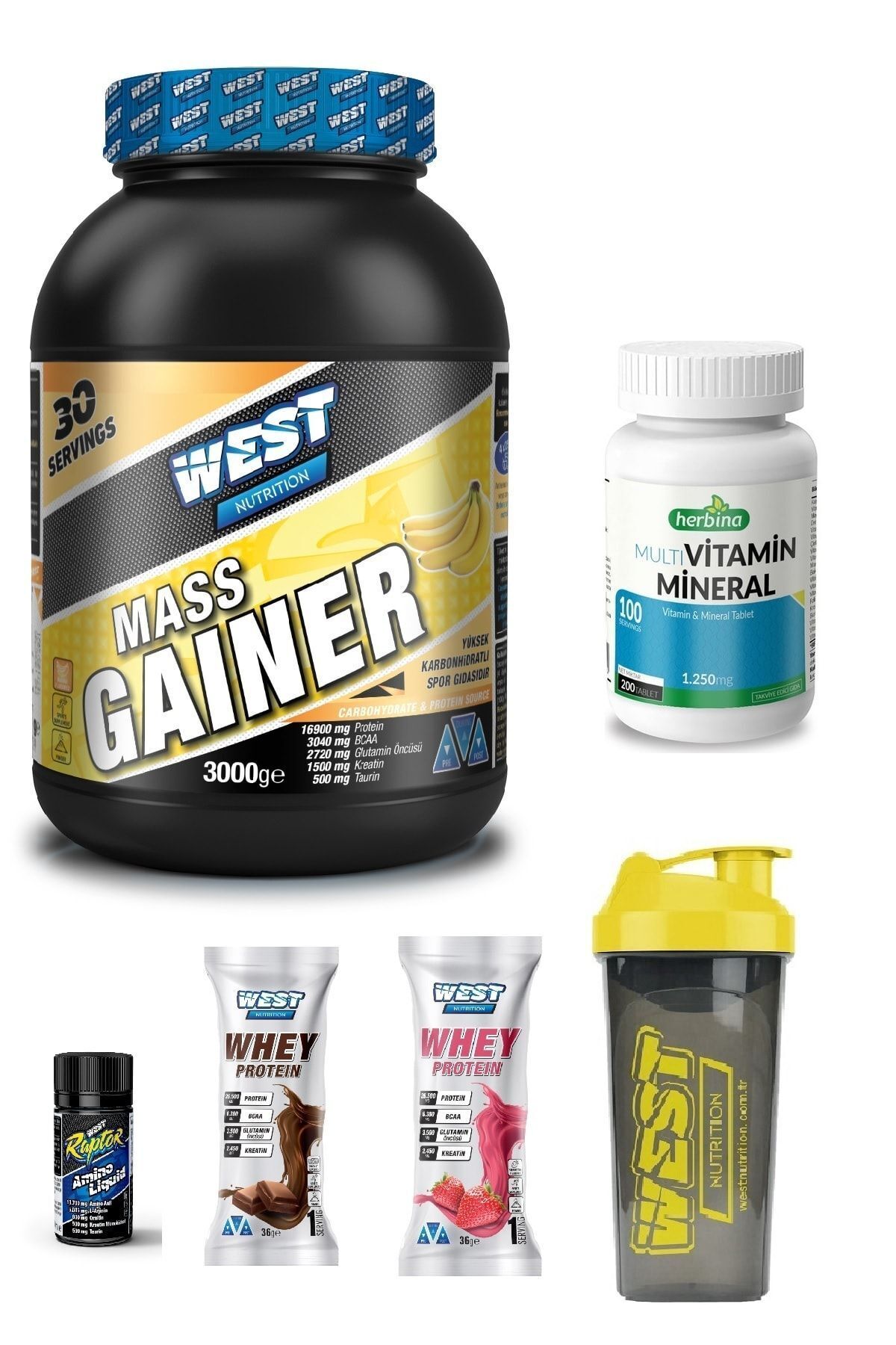 Mass Gainer 3000 Gr Muz Aromalı + Herbina Multi Vitamin Mineral 200 Tablet