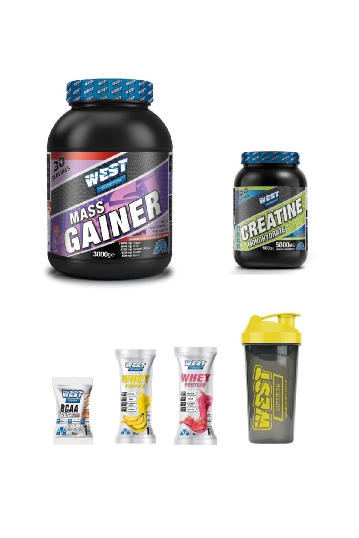 Mass Gainer 3000 Gr Muz Aromalı + West Creaitine ( Kreatin ) 600 Gr Yeşil Elma
