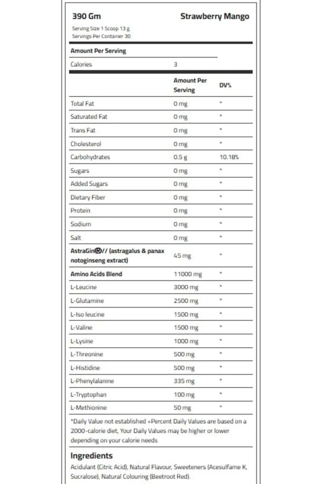 Amino EAA + Glutamin, Çilek Mango, 390 Gm, 11000 mg Amino Asitler