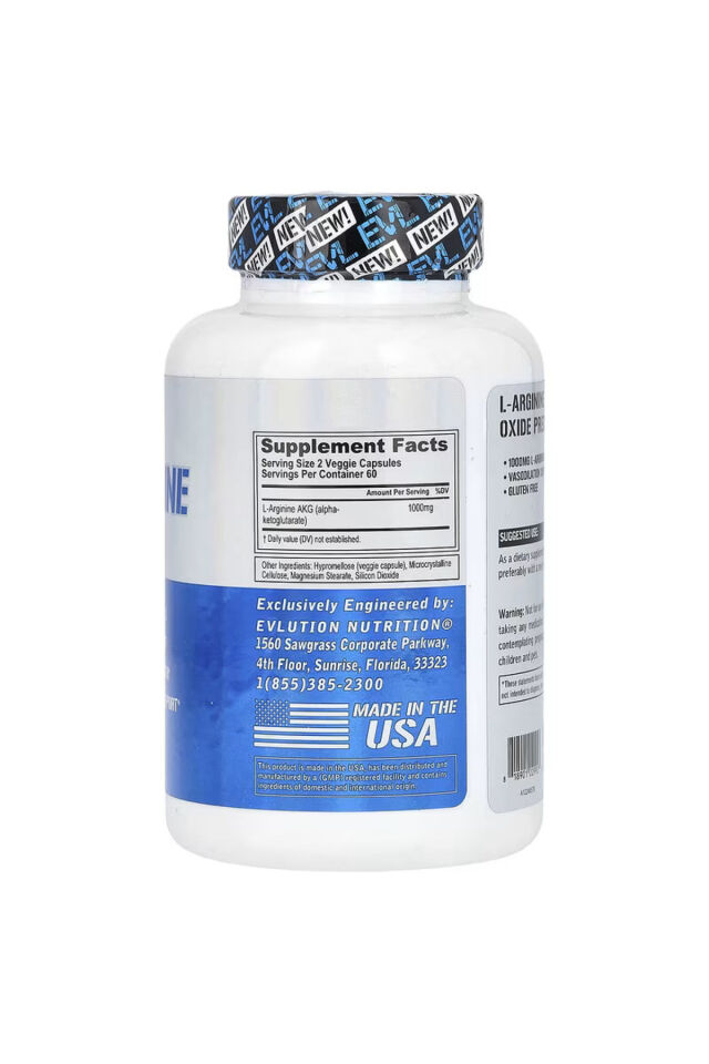 Evlution L-Arginine(Arjinin) AKG Nitric Oxide 1000mg 120 Veggie Caps