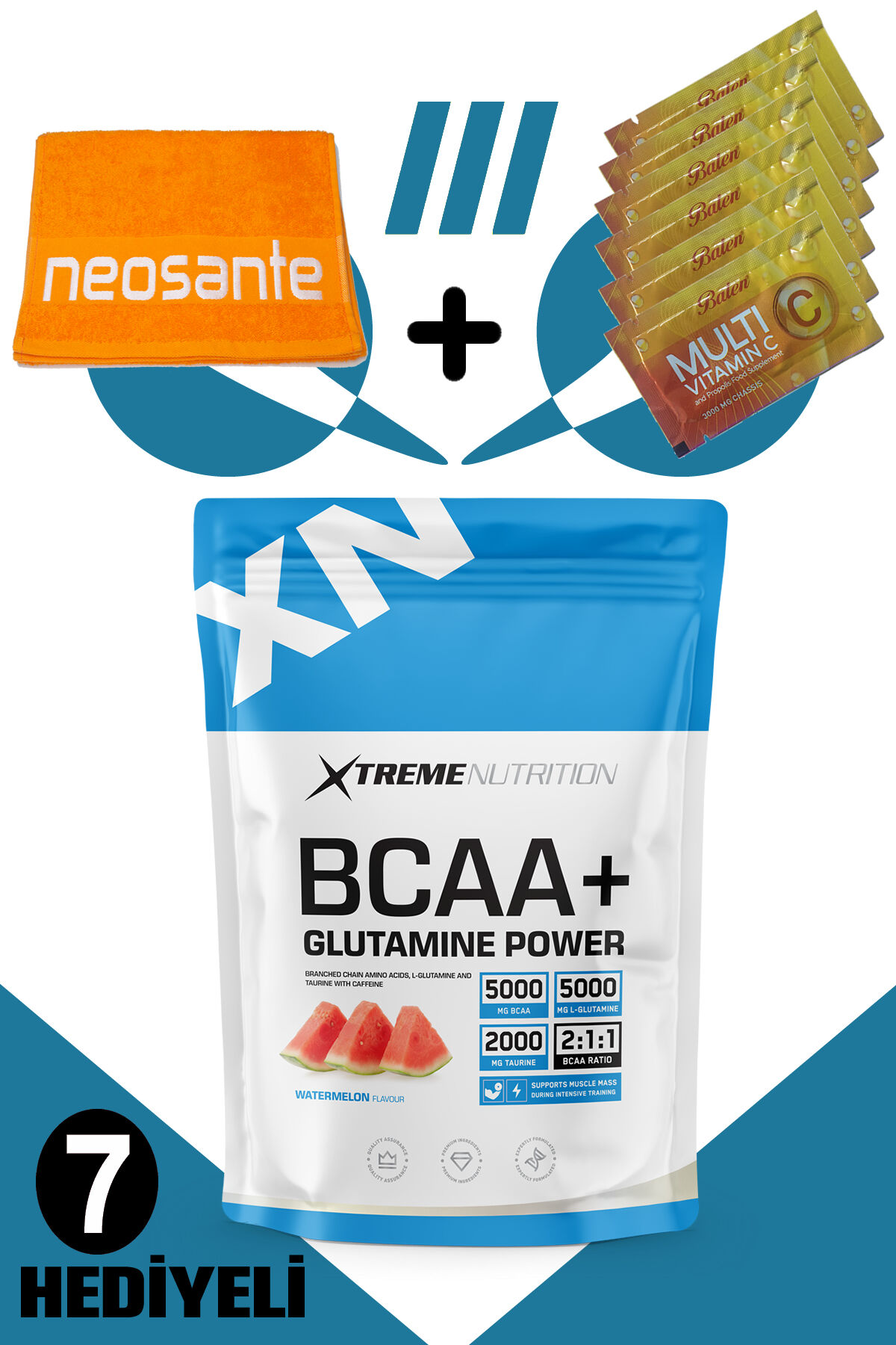 Xtreme BCAA + Glutamine Power 500 gr (Karpuz Aromalı) + 7 Hediyeli (Havlu + 6 Adet Multi C Saşe)