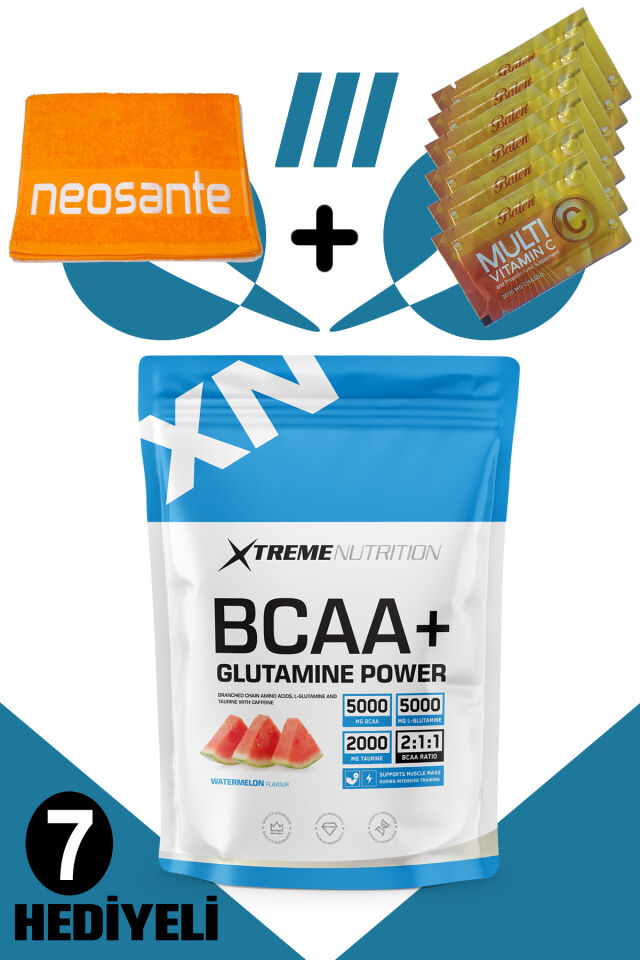 Xtreme BCAA + Glutamine Power 500 gr (Karpuz Aromalı) + 7 Hediyeli (Havlu + 6 Adet Multi C Saşe)