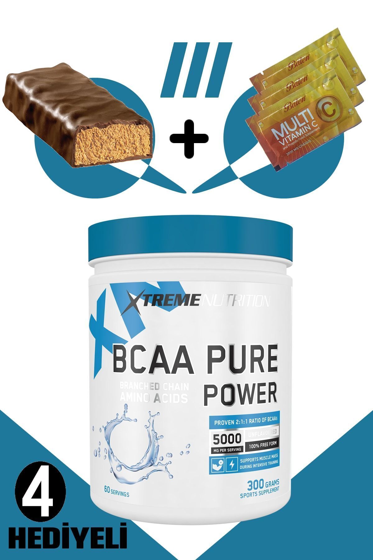 Bcaa Pure Power - 300 G - Aromasız - 4 Hediye (PROTEİN BAR 3 MULTİ C SAŞE) - %100 Saf Bcaa 2:1:1