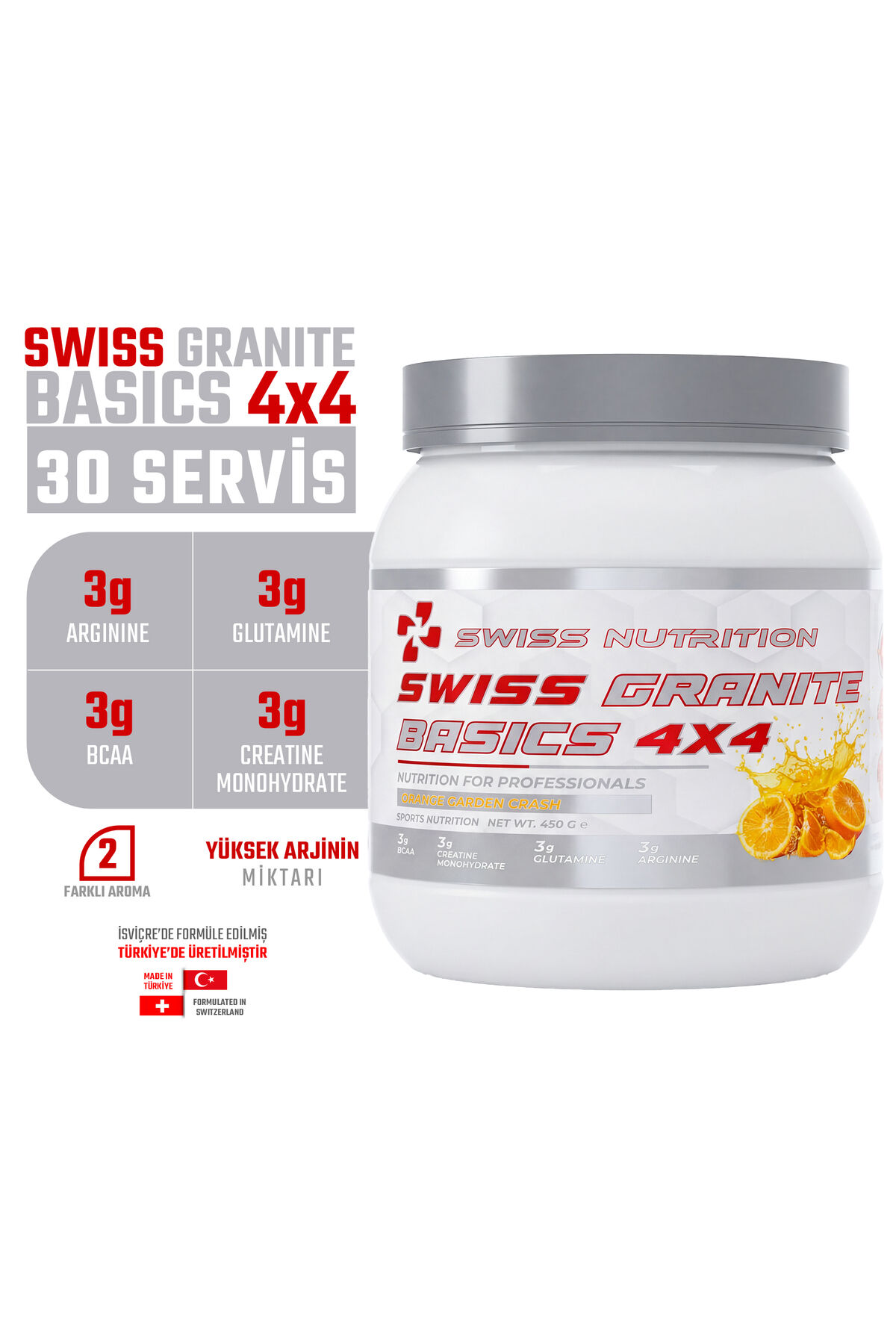 Swiss Granite Basics 4x4 | Orange Garden Crush 450g |BCAA, Glutamin ve Kreatin İçeren Sporcu Gıdası