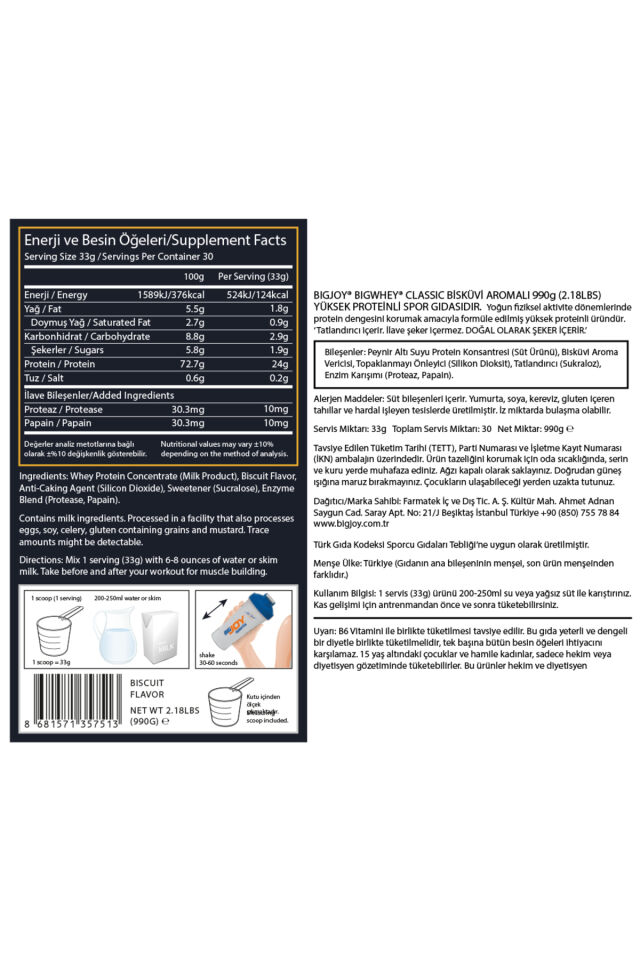 BIGWHEY Whey Protein Classic Bisküvi Aromalı 990g 30 Servis