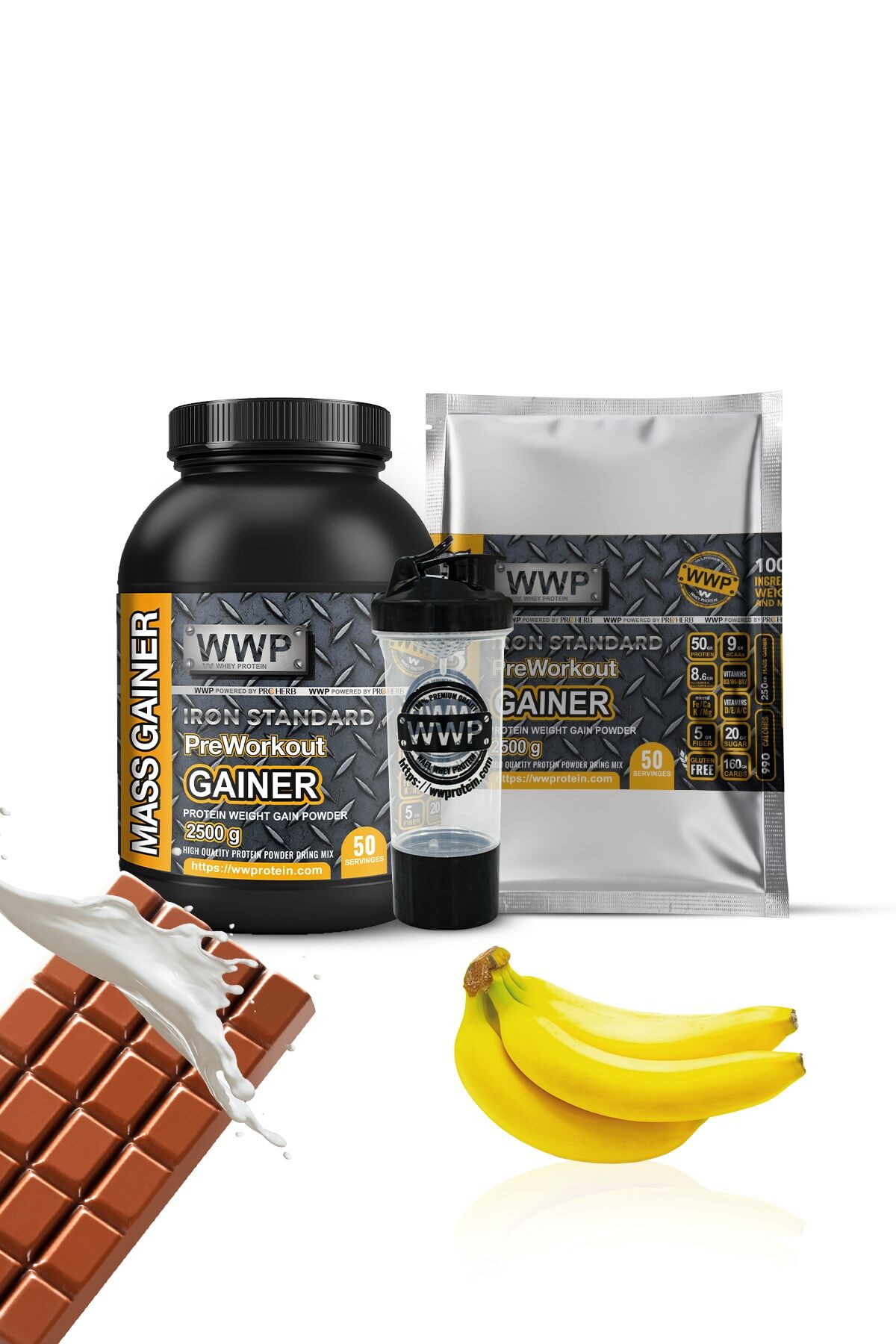 Preworkout Mass Gaıner Paket 2500 gr (50 SERVİNGS) X2 Banana & Chocolate Flavor Shaker